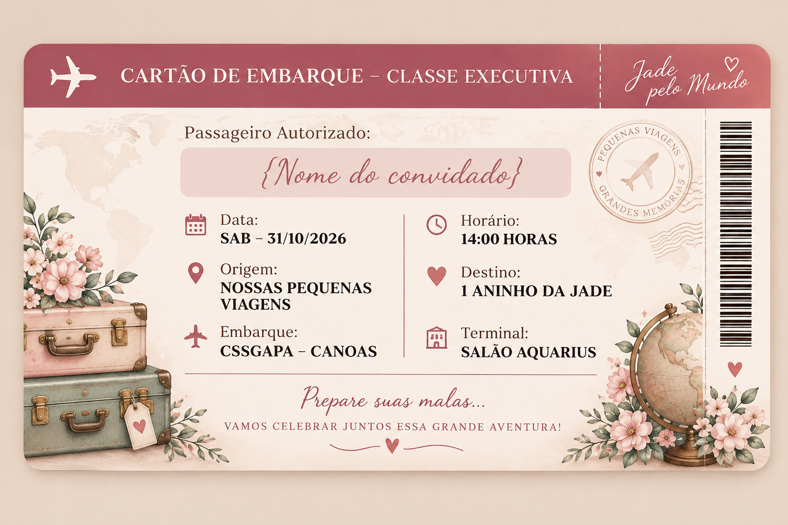Cartão de embarque do aniversário de 1 ano da Jade